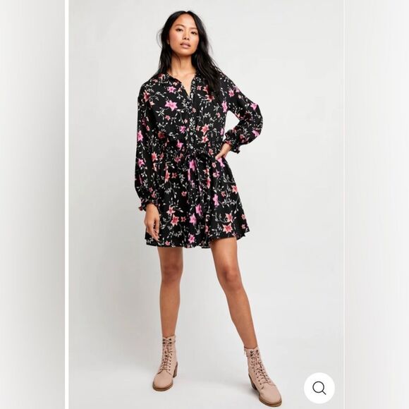 Free People Lighten Up Dress Floral on Black long sleeve with tie waist Sz XS - Picture 4 of 15